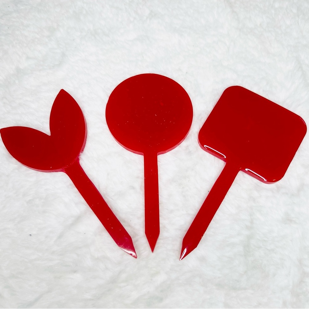Set of 3 Red Plant Markers Hand Crafted Resin Gift Set Cake Toppers